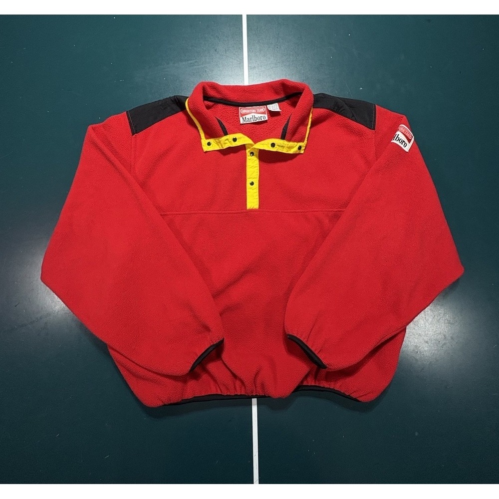 Vintage 90s Marlboro‎ Adventure Team Red T-Snap Fleece Pullover Jacket Size XL